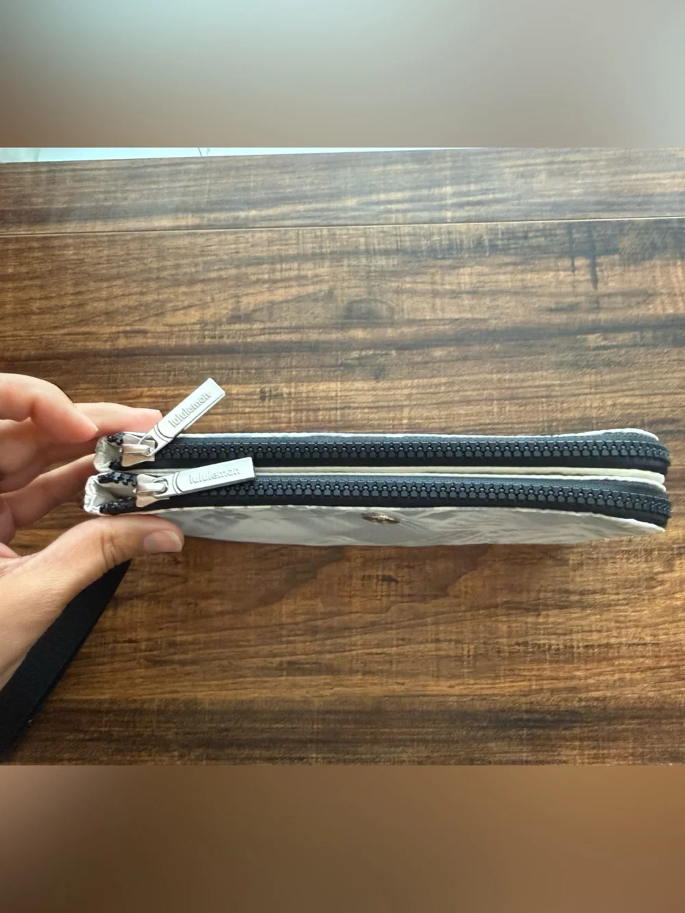 Lululemon Newspaper Print Double Zip Wristlet Pouch White Black